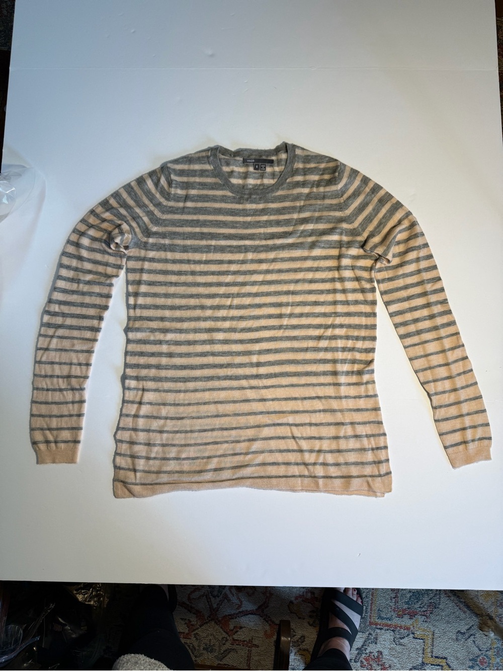 Vince Striped Merino Wool Cotton Crewneck Knit Sweater Gray Oatmeal Size S